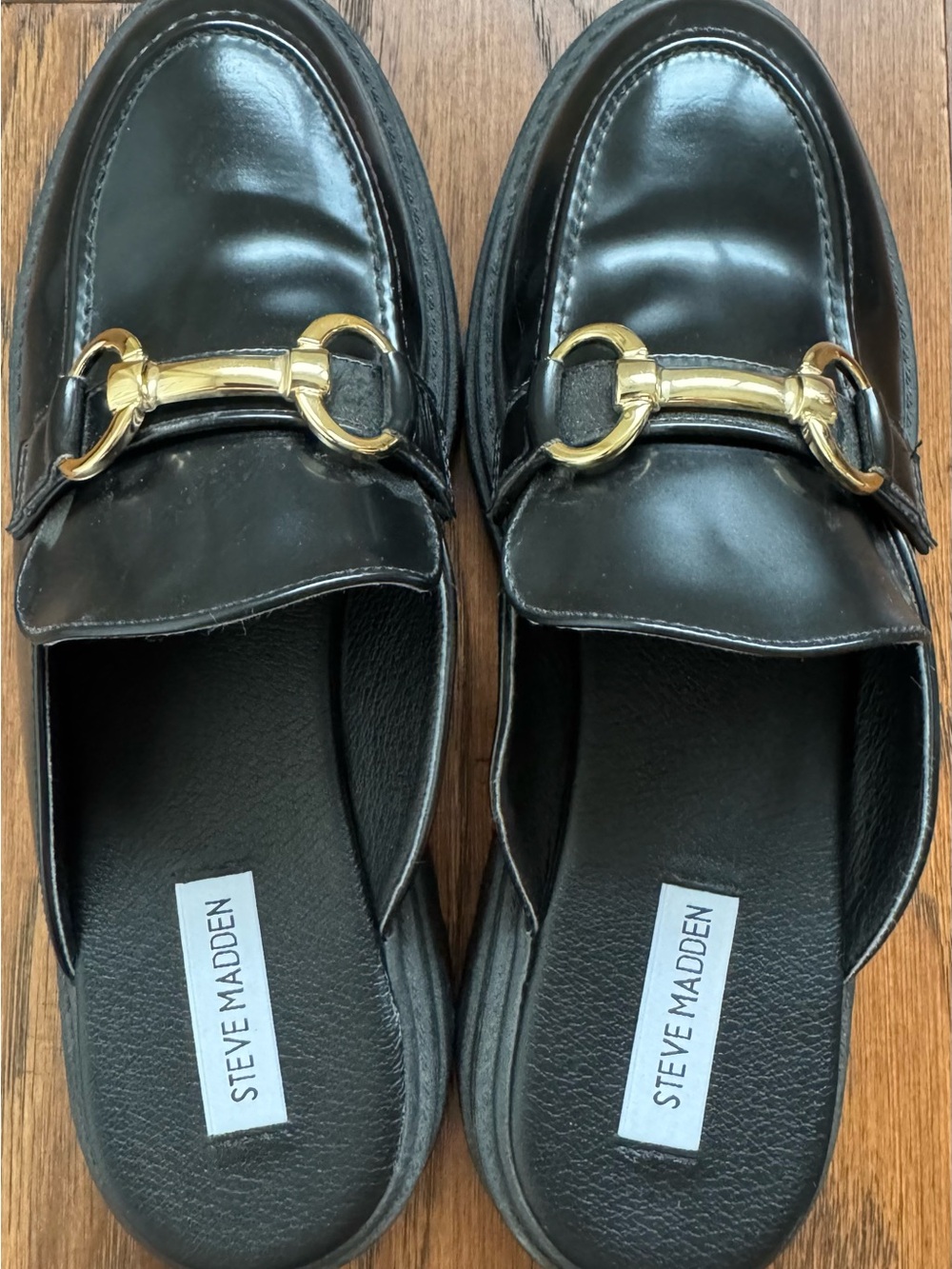 Steve Madden Black Platform Clogs Gold Horsebit Lug Sole Slip On Size 9